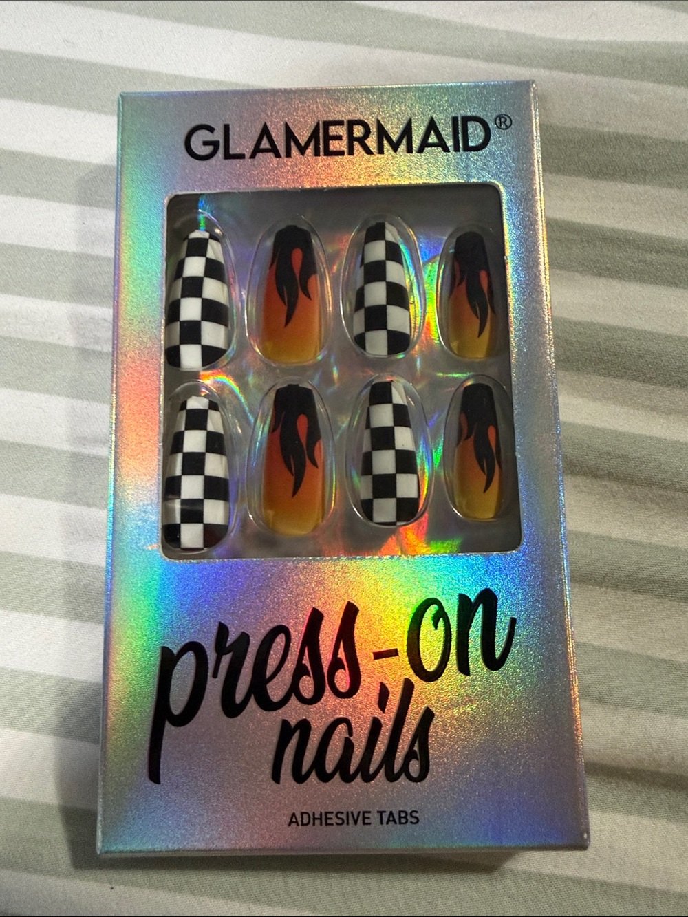 Orange & Black Flame Checkered Press-On Nails
